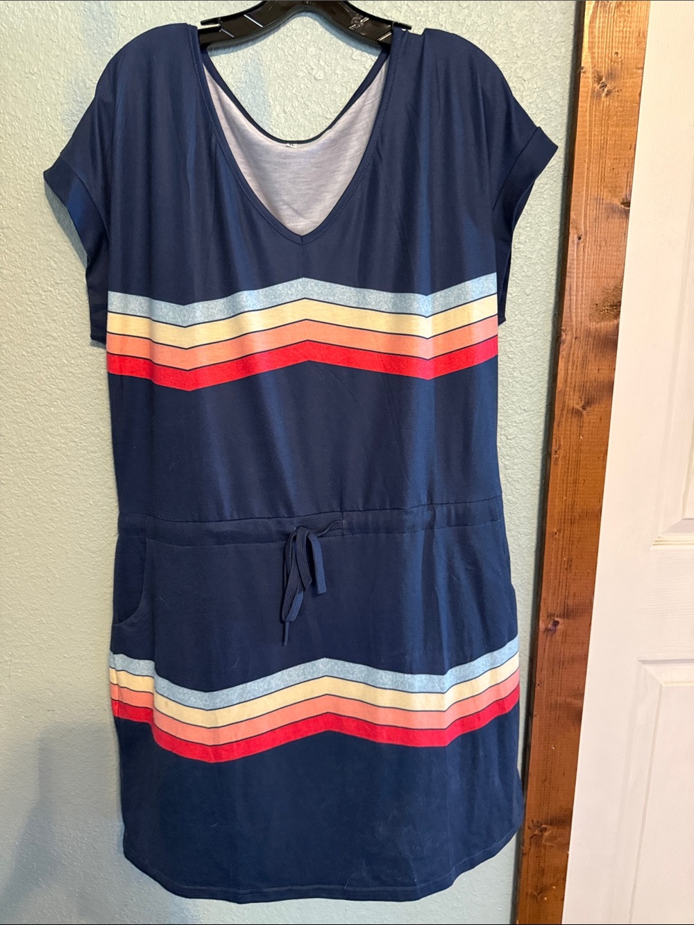 Navy V-Neck Chevron Stripe Mini Dress with Drawstring